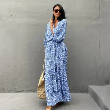 Womens Summer Casual Blue Dress V Neck Sleeve Loose Flowy Swing Dress