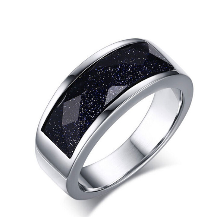 แหวนเหล็กไทเทเนียมหินเทียมสีดำเงาของผู้ชายเครื่องประดับของสแตนเลสสตีลผู้ชายขัดเงาสูงแผ่นเงินแฟชั่น