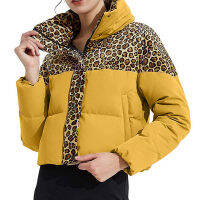 Leopard Print Patchwork Women Parka Bread Clothing Long-sleeved Cropped Warm Coat Female 2021 Winter Lady Streetwear Parkas