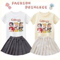 Girls Suits 2023 Suumer Kids Sets Korean Version Fashion Cute Cartoon Princess Short Sleeves Pleated Babys Clothes