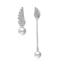 New Arrival Hot Sell Fashion Asymmetric Angel Wings Pearl Zircon 925 Sterling Silver Ladies Stud Earrings Jewelry For Women Gift