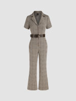 Cider Collar Houndstooth Zipper Jumpsuit With Belt