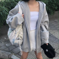 solid color ins korean style long sleeve zipper  เสื้อเชิ้ตหญิง เสื้อสาวอวบ sports loose fleece-lined thin sweater coat hooded women เสื้อคาร์ดิแกน