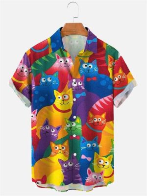 ♦เสื้อฮาวายการ์ตูนผู้ชายฤดูร้อนเสื้อยืด3Dแมววินเทจมีปกเสื้อลำลองแขนสั้น22-23เสื้ออะนิเมะ