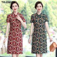 Middle-aged and elderly womens summer short-sleeved improved cheongsam dress new 50-year-old mother dress foreign style retro cheongsam dress