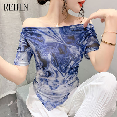 REHIN เสื้อยืดผู้หญิงแขนสั้นพิมพ์ลายไม่เหมือนใครแฟชั่นใหม่,เสื้อยืดผู้หญิงที่มีการออกแบบที่ไม่สม่ำเสมอหรูหรา