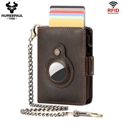 HUMERPAUL AirTag Pop-up Card Holder Purse RFID Protect Credit Cardholder Crazy Horse Leather Mens Wallet with Chain Coin Pocket Card Holders