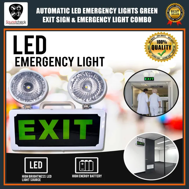 Automatic LED Emergency Lights Green Exit Sign & Emergency Light Combo