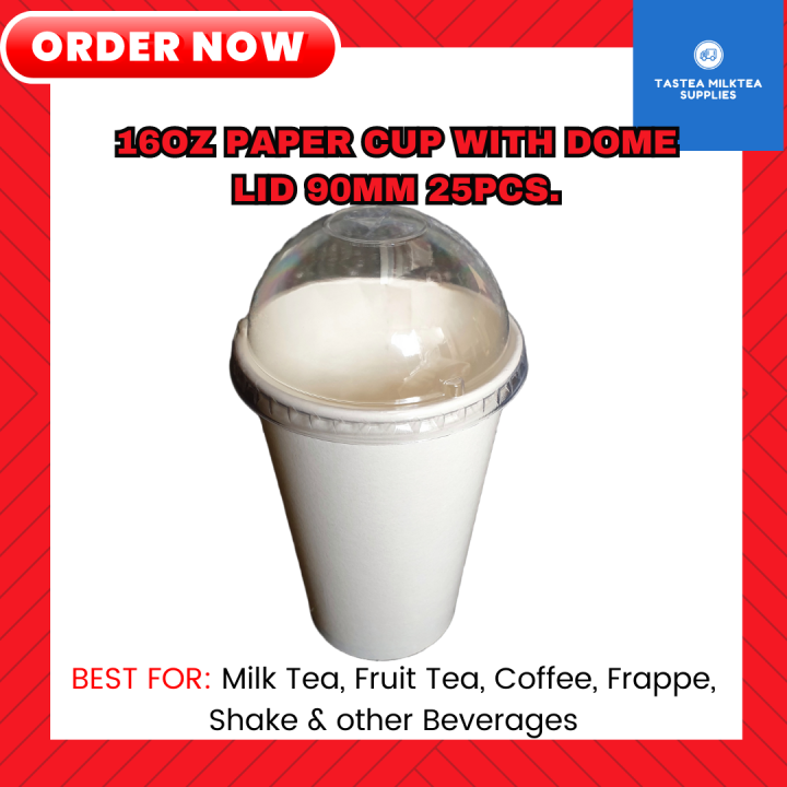 Paper Cups / Milk tea Cups - 16oz Paper Cups with Dome Lids 90mm (25 ...