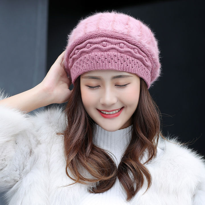 หมวกขนกระต่ายหมวกกันหนาวสำหรับเด็กหมวกถักกลางแจ้งหมวกเบเร่ต์บุขนกำมะหยี่หนาพิเศษหมวกสไตล์เกาหลี