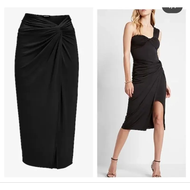 No Brand Body Contour Twist Front Midi Skirt With Built-In