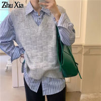 Zhu Xia เสื้อสเวตเตอร์คอวีแบบสวมหัวเปิดไหล่สำหรับผู้หญิงเสื้อกั๊กสีทึบลายตารางเสื้อแขนกุดผ้าถัก