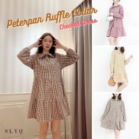 ชมพูน้ำตาล/เหลืองมัสตาร์ด/น้ำตาลครีม ? SLYQ PETERPAN RUFFLE COLLAR CHECKED DRESS เดรสแต่งปกกระดุมหน้าแขนยาวลายตาราง