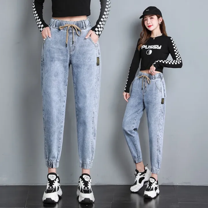 Korean style High waist Harem Jeans Women Slim fit Denim Jogger Pants  Fashion Sport Ankle cut