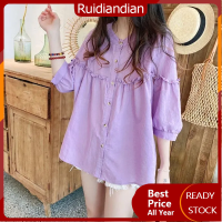 Ruidiandian เสื้อสตรีทไซส์ใหญ่แนวเกาหลีมีระบายหวานๆน่ารักแบบเกาหลีมีสิ่งอำนวยความสะดวกคุณภาพสูงเรียบง่ายลำลองสีล้วนสำหรับฤดูใบไม้ผลิฤดูร้อนเสื้อขนาดใหญ่ของ S-4XL