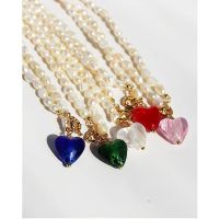 Minar Dainty Oval Freshwater Pearl Beaded Choker For Women Blue Green Red Glass Love Heart Pendant Necklaces Wedding Jewelry