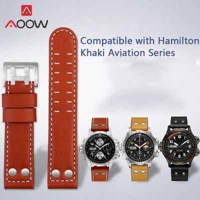 ☊ สายหนังแท้ Rivet 22มม. Men สายนาฬิกาสำหรับเปลี่ยนนาฬิกาสำหรับ Hamilton Khaki Aviation H77616533 H77785733 สีแดงสีน้ำตาล