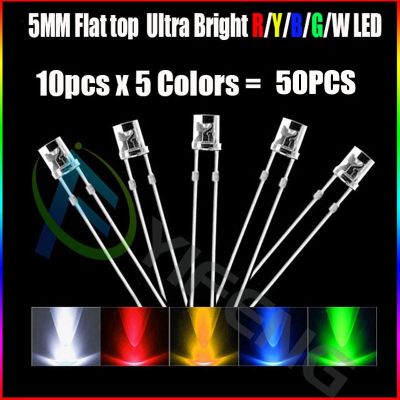 50pcs 5mm 10Pcsx5 Colors 2pins Flat top White Red Yellow Blue Green Wide Angle light emitting diode lamp LED Electrical Circuitry Parts