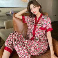 Women Satin Pajamas V Neck Design Luxury Patterned Silk Like Nightwear Set Short Sleeve Top and Long Pants Ladies Homewear