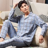 MUJI High quality pajamas mens summer day pure cotton long-sleeved mens spring autumn winter thickened teenagers can wear home clothes set