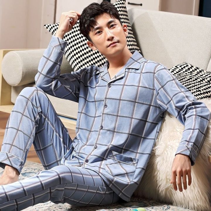 muji-high-quality-pajamas-mens-summer-day-pure-cotton-long-sleeved-mens-spring-autumn-winter-thickened-teenagers-can-wear-home-clothes-set