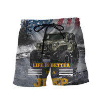 2023 New 3D Printed Jeep Wrangler Art Clothes Quick-drying Beach 3D Printing Mens Casual Short Pants