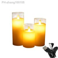 USB Rechargeable Flickering Dancing Wick Pillar Candle Paraffin Wax LED Glass Candle Set Wedding Festival Home Decoration-Amber