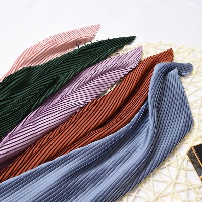 ▬┇ 2021 Plain Women Square Silk Scarf Long Skinny Ribbon Head Neck Small Pleated Hair Tie Band Kerchief Satin Foulard Scarves