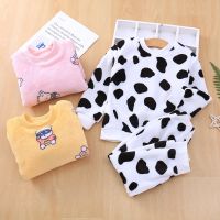 COD SDFGDERGRER [ZY] 70-140CM Childrens Flannel Suit Warm Long-Sleeved Autumn Winter Baby Homewear Pajamas Cartoon Casual Korean Version Clothing