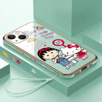 เคสสำหรับ Apple โทรศัพท์ iPhone 15 Plus 15 Pro 15 Pro Max ฟรีสายคล้องการ์ตูน Chibi Marukochan Kity Kity เคสชุบลายขอบสี่เหลี่ยมแมวเด็กผู้หญิงเคสโทรศัพท์เคสโทรศัพท์นิ่มเคลือบหรูหรา