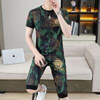 【hot seller】 European station 2023 summer new fashion mens camouflage casual thin section cropped short-sleeved suit