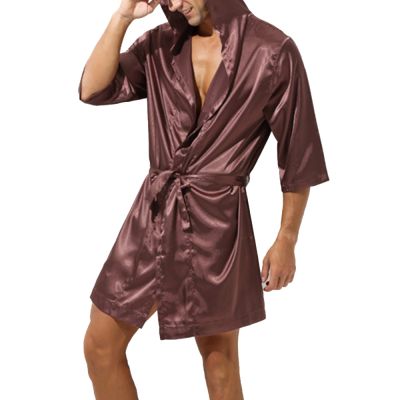 {Xiaoli clothing} ผู้ชายเสื้อคลุมอาบน้ำชุดนอน Nightgown คลุมด้วยผ้าหลวมซาตินผ้าไหมชุดนอนคาร์ดิแกนเสื้อคลุมอาบน้ำชุดนอนกางเกงนอนหลับ