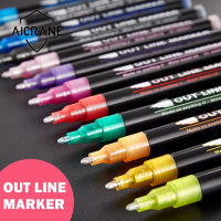 AICRANE 12ชิ้น/เซ็ตเส้นคู่โลหะปากกาสีเมจิก Outline ปากกามาร์กเกอร์ Glitter สำหรับจิตรกรรมวาด Doodling โรงเรียนศิลปะของใช้