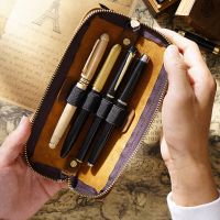 ♝﹍☑ 100 Leather Zipper Pencil Case Retro Pen Pouch School Students Cowhide Stationery Bag with 4 Pen Slots Wholesale