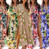 COD DSTGRTYTRUYUY Anil summer womens new dress bat sleeve V-neck printed beach dress Casual (S-XXL)