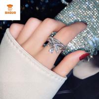 BAGUO เงางาม หรูหรา Rhinestones ทองแดง โบว์ เพทาย แหวนสนับมือ แหวนนิ้วผู้หญิง แหวนเปิด แหวนสไตล์เกาหลี