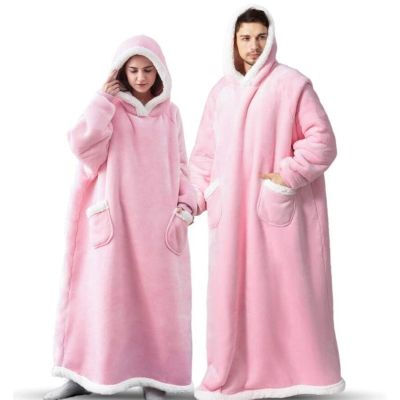 New Winter Warm Women Extra Long TV Hooded Blanket Sofa Cozy Plaid Pocket Fleece Adults Kids Bathrobe Oversized Outwear