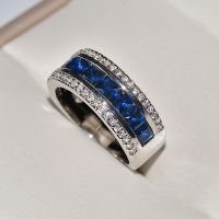 【YF】 Authentic 925 Stamp Finger Ring With Round Blue Square Cubic Zirconia Crystal Wide Sterling Plata For Women Wedding Jewelry