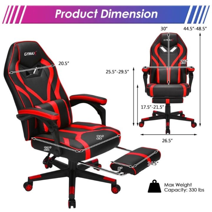 เก้าอี้เล่นเกมนวด-gymax-โต๊ะเก้าอี้คอมพิวเตอร์มีที่วางเท้าสีแดง