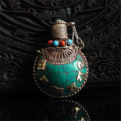 BYH008 Nepal hand brass Inlaid Stone Snuff bottle Tibetan six words mantras amulets Craft