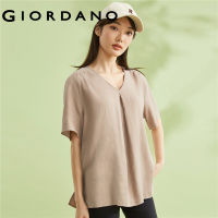 GIORDANO ผู้หญิง เสื้อเชิ้ตลำลองแขนสั้นคอวีผ้าฝ้ายลินินทอจับจีบ Free Shipping 05343210