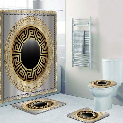 【CW】☬  Grecian Meander Mandala Pattern Shower Curtain and Rug Set Abstract Mats Rugs Toilet