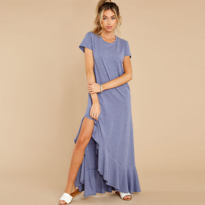 spring and summer new European and American plus size womens short-sleeved knitted dress ruffled slit sexy long skirt