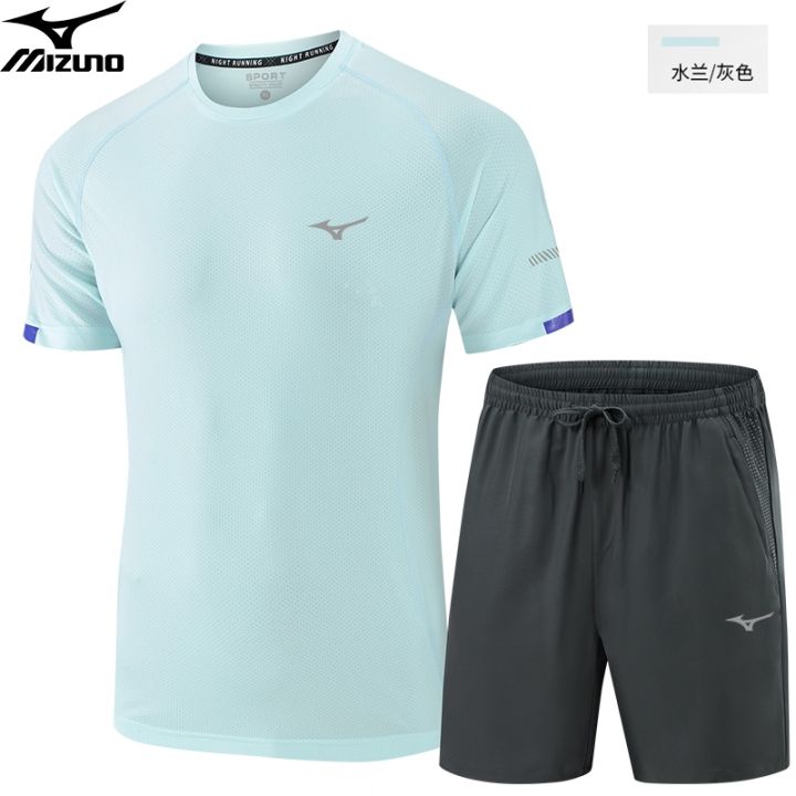 mizuno-ชุดกีฬาชาย-feather-ball-แห้งฤดูร้อน2ชิ้นเสื้อยืด-breathable-running-แขนสั้นกางเกงขาสั้นหลาใหญ่