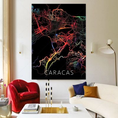 Caracas Venezuela สีน้ำสีดำแผนที่เมืองพิมพ์ศิลปะบนผืนผ้าใบสำหรับติดกำแพงโปสเตอร์ภาพบนกำแพงที่ทันสมัยกรอบตกแต่งห้องนั่งเล่นเฮหยวนอนาคต