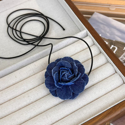 Rose Pendant Choker Elegant Woven Necklace Elegant Weave Pendant Jean Cloth Necklace Big Rose Pendant Choker