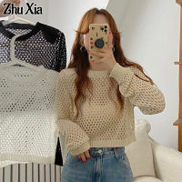 Zhu Xia?เสื้อผ้าผญสวยๆ?ไหมพรม เซ็กซี่ เสื้อถักครีมกันแดดแขนยาวบางฤดูร้อนใหม่เสื้อหลวมและขี้เกียจกลวงออกกับและด้านบนสั้นสำหรับผู้ห