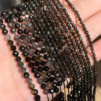 Natural Black Obsidian Stone 2/3/4mm Faceted Loose Round Mineral Beads for Jewelry Making DIY Christmas Gift Bracelets 15inch Professional Audio Acces