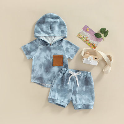 ชุดกางเกง2ชิ้นสำหรับเด็กทารกชายแขนกางเกงสีคอนทราสท์เสื้อสวมคอมีฮู๊ด + กางเกงหูรูด