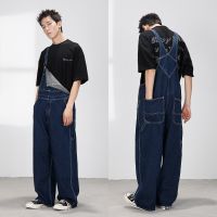 Streetwear Men Retro Japanese Fashion Bib Straight Denim Overalls Cargo Jeans Jumpsuit for Men and Women Full Length Trousers